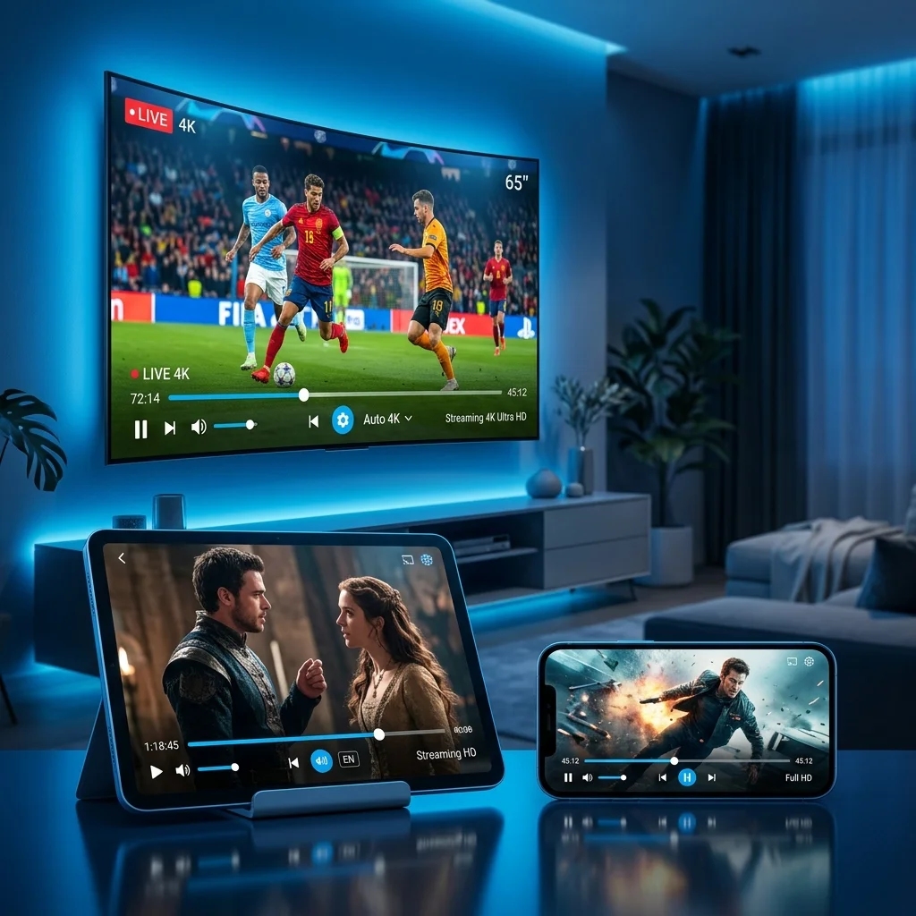 Happy family enjoying free trial of premium IPTV streaming